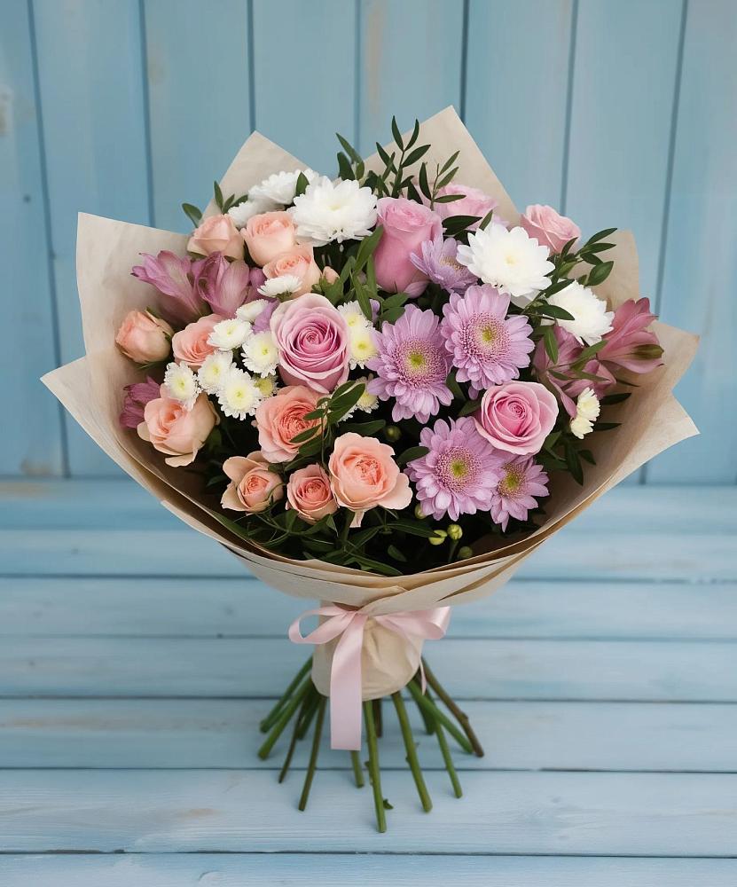 Букет цветов из: Хризантемы, Розы и Альстромерии в Бытха