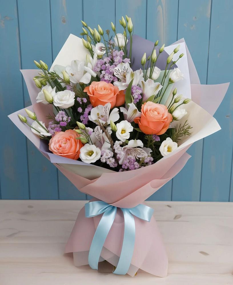 Букет цветов из: Лизиантусы, Розы, Альстромерии и Гипсофила в Бытха