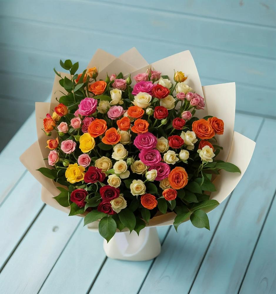 Букет Микс из разноцветных кустовых роз в Бытха