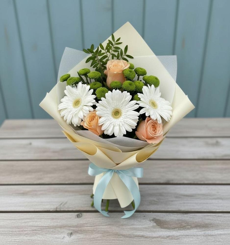 Букет цветов из: Герберы, Розы и Хризантемы в Бытха