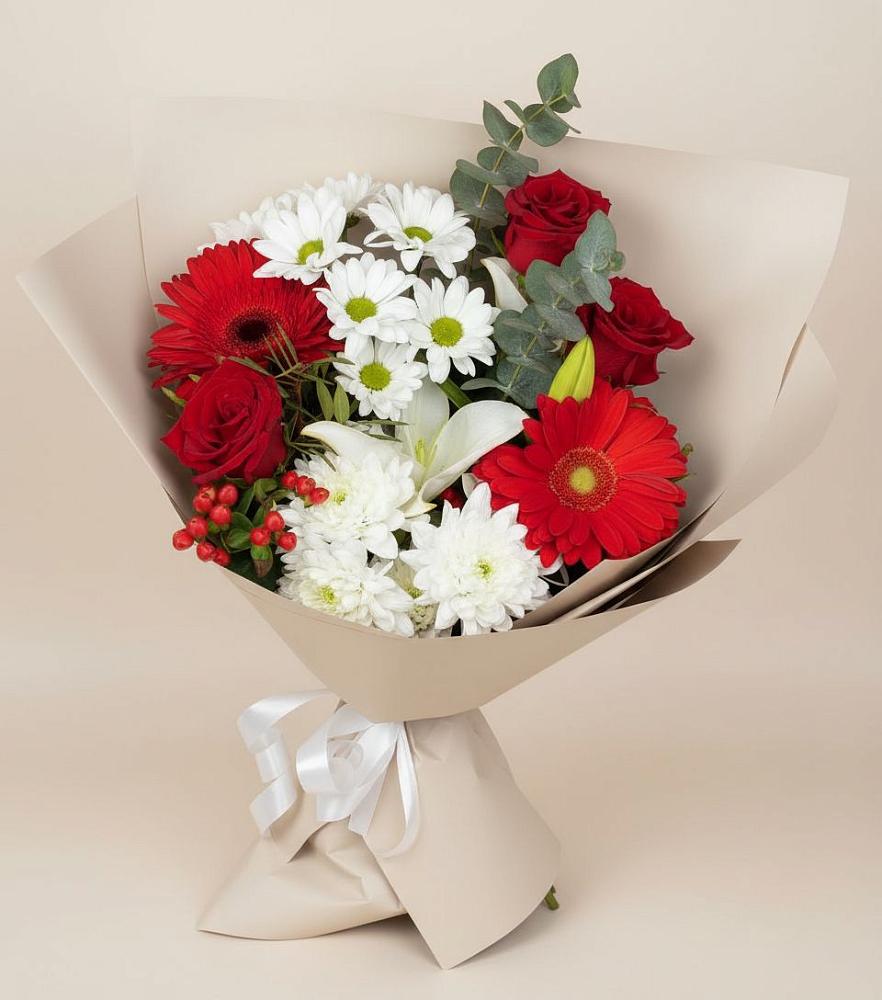 Букет цветов из: Розы, Хризантемы, Герберы и Лилии в Бытха
