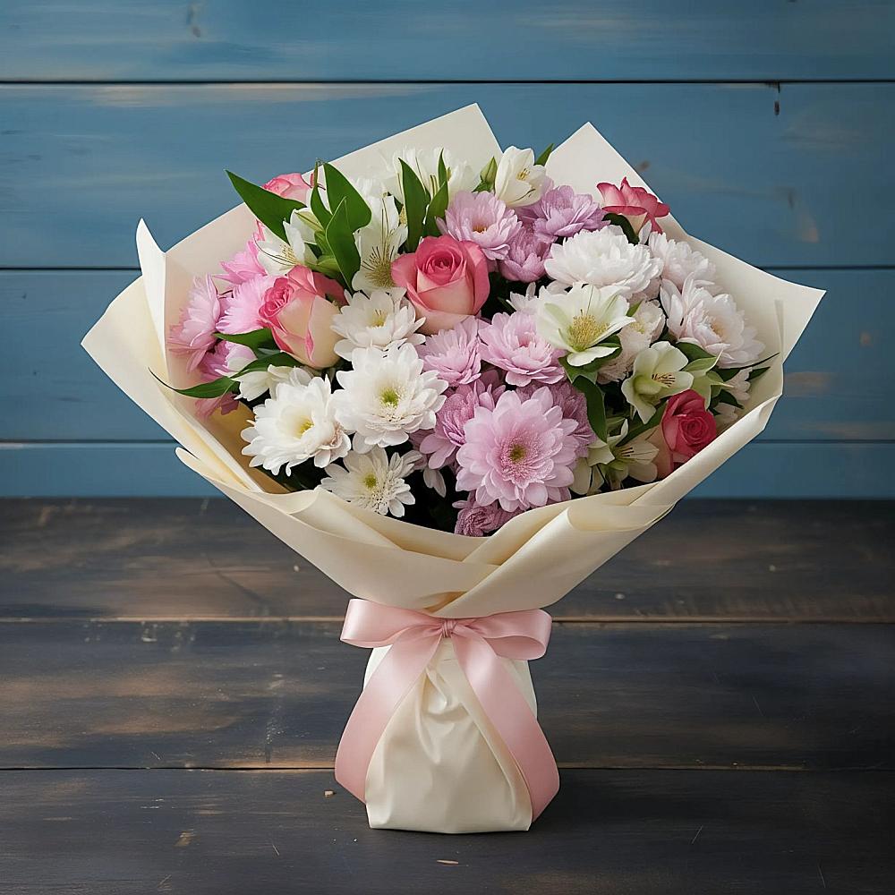 Букет цветов из: Хризантемы, Альстромерии и Розы в Бытха